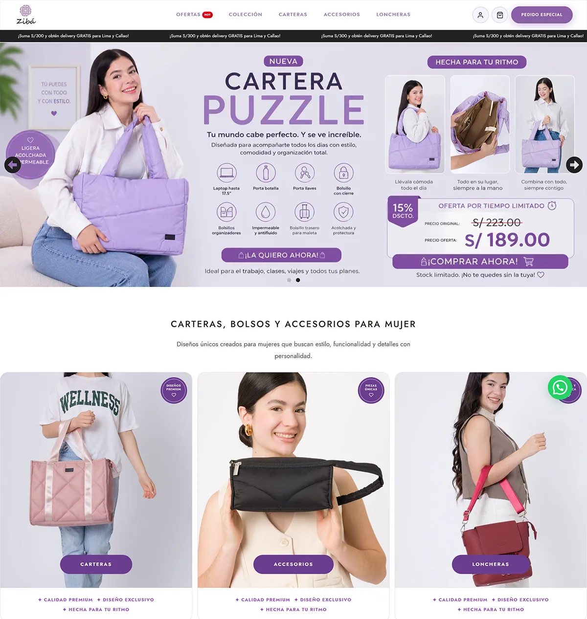 Página web profesional para venta de carteras de mujer, bolsos y accesorios de moda desarrollada por Webarato